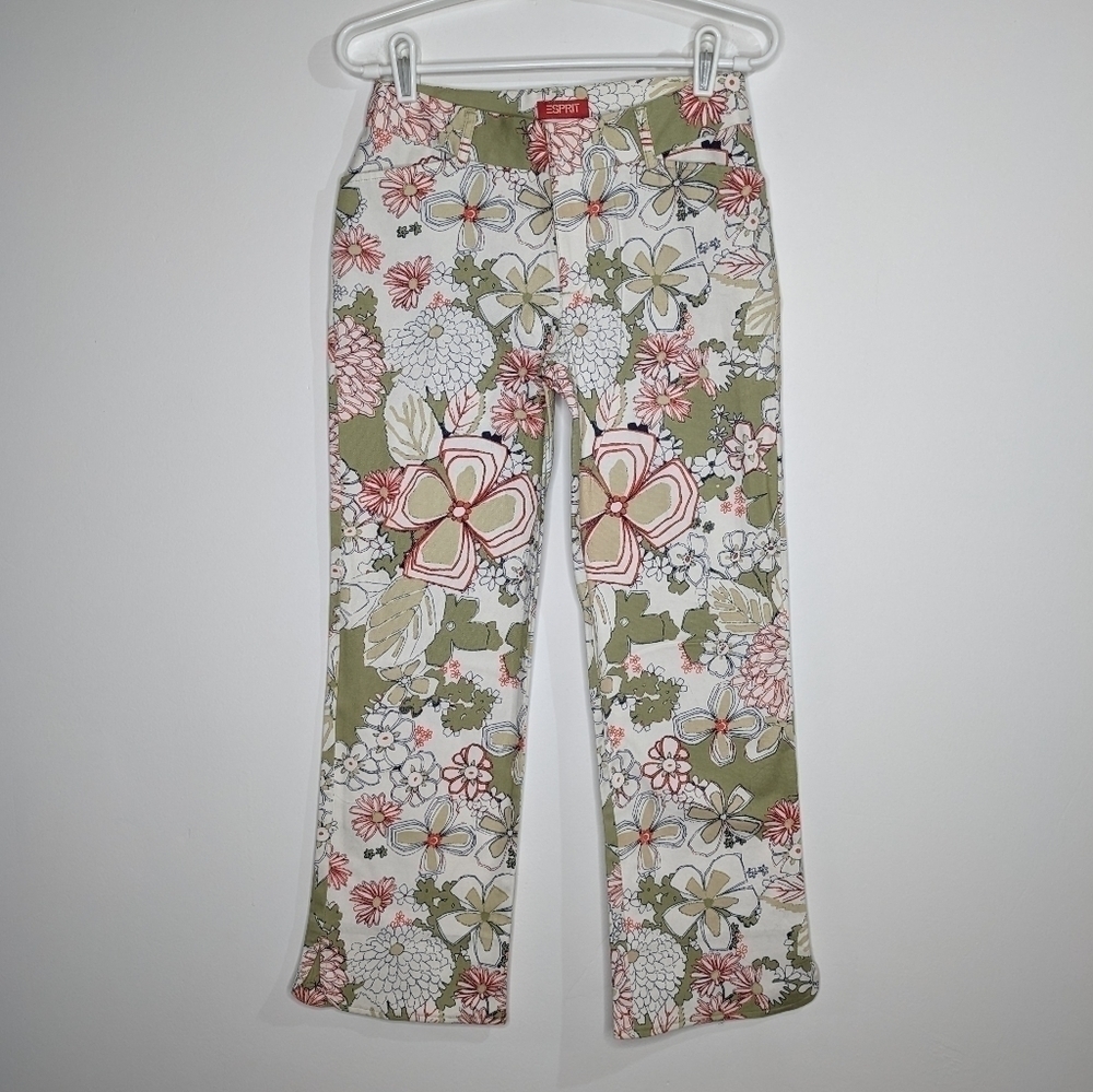 Esprit Floral Print Green and Pink Wide-Leg Pants - Picture 2 of 11